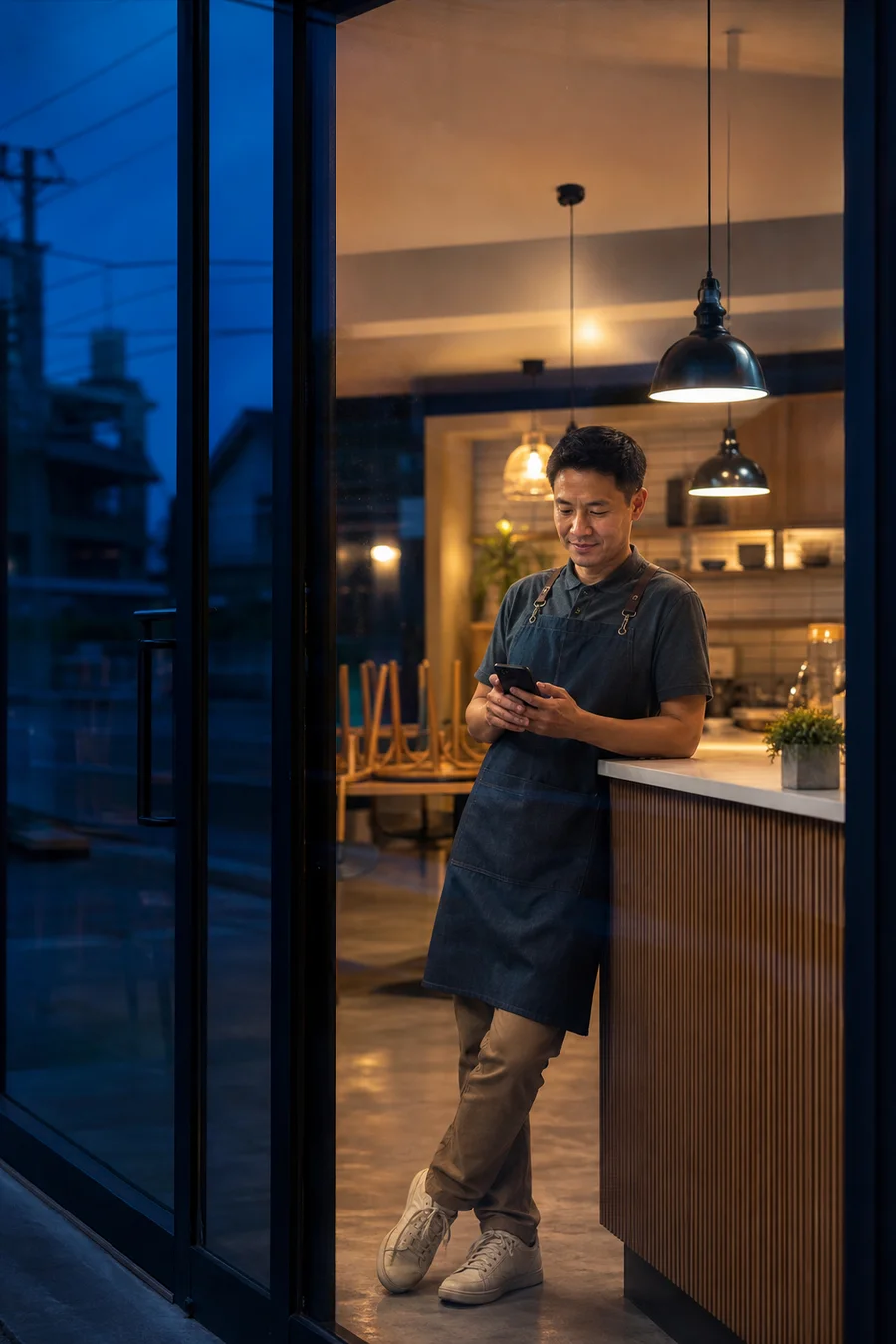 เจ้าของร้านอาหารไทยเช็คมือถืออย่างสงบขณะปิดร้านตอนกลางคืน