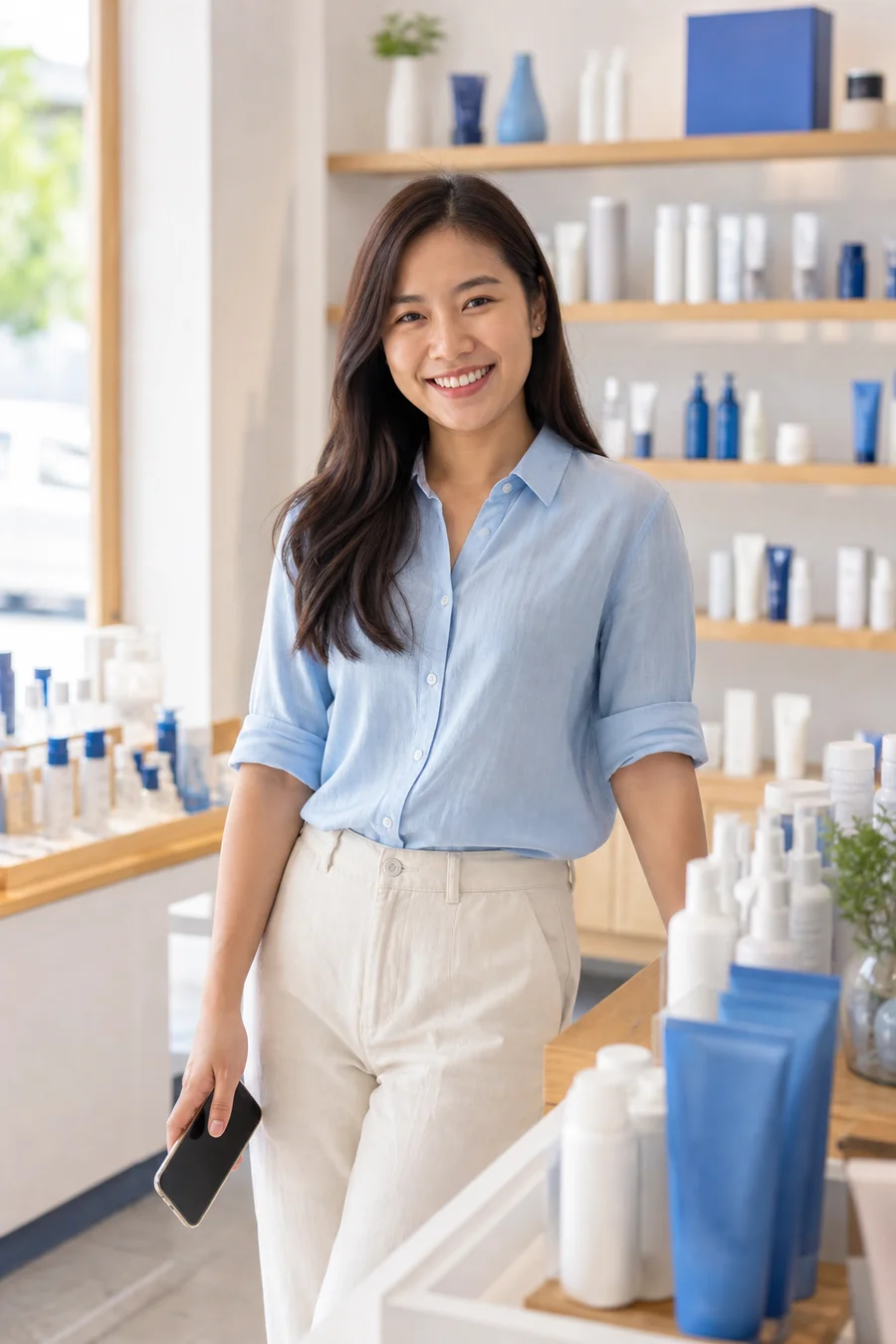 เจ้าของร้านเครื่องสำอางไทยยิ้มอย่างผ่อนคลายถือมือถือในร้านของตัวเอง